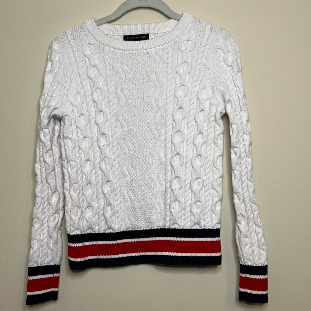 Banana Republic crew neck cable knit varsity sweater white blue womens XSmall